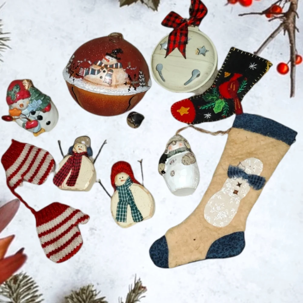 CHRISTMAS HOME COUNTRY DECOR Lot  Stockings Tree Decorations Bells Snowmen